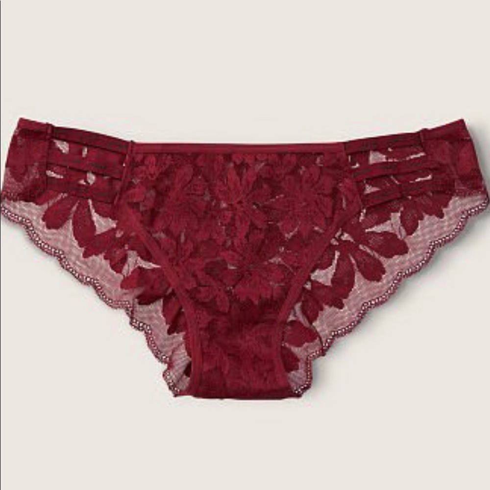 PINK Strappy Logo Cheekster Lace Burgundy Size XS